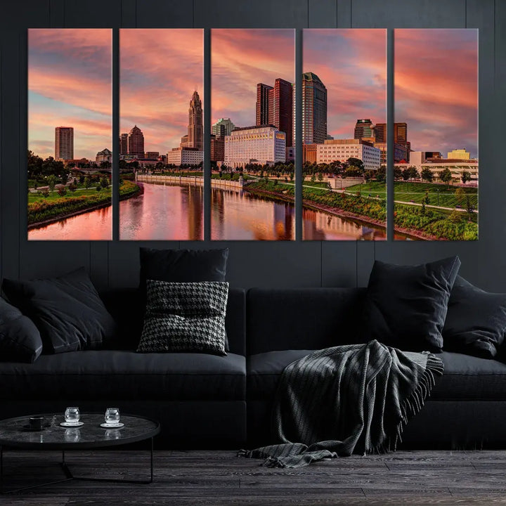 Columbus Downtown Orange Cloudy Sunset Skyline Cityscape Large Wall Art Print