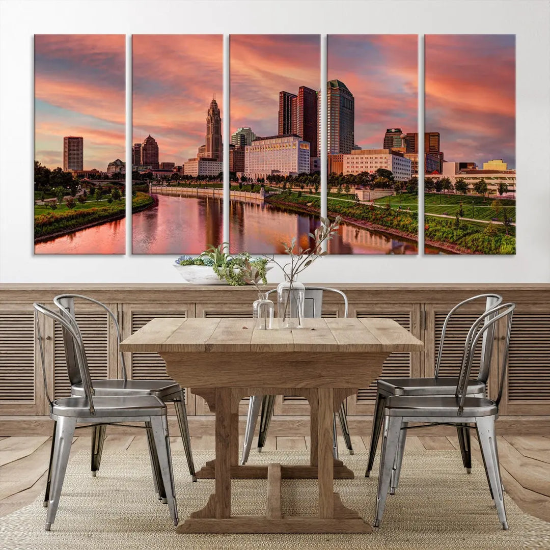 Columbus Downtown Orange Cloudy Sunset Skyline Cityscape Large Wall Art Print