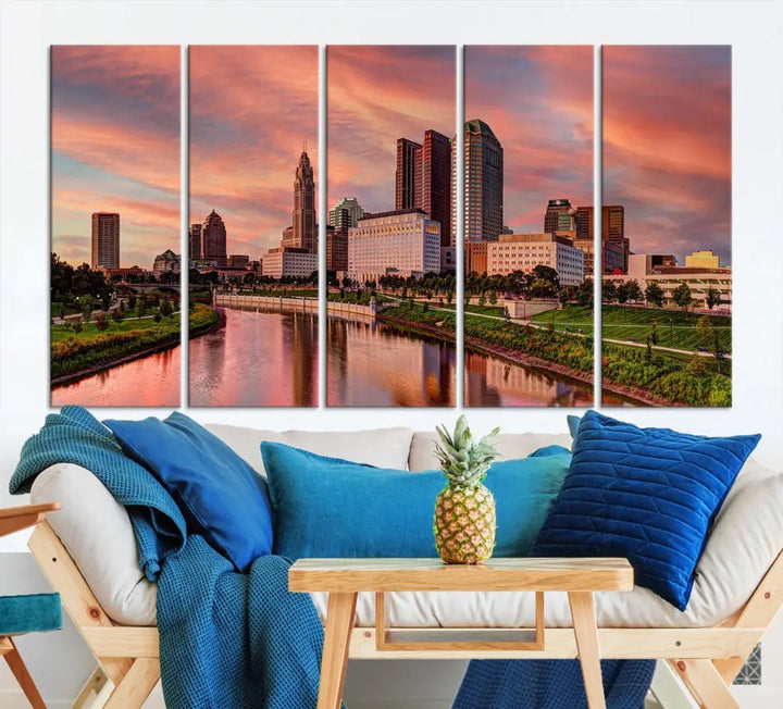 Columbus Downtown Orange Cloudy Sunset Skyline Cityscape Large Wall Art Print