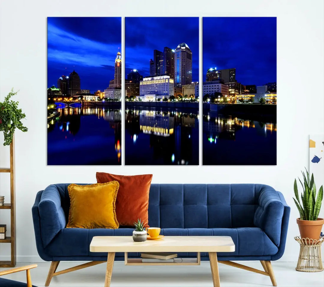 Columbus Night Blue Skyline City Lights Wall Art Cityscape Canvas Print