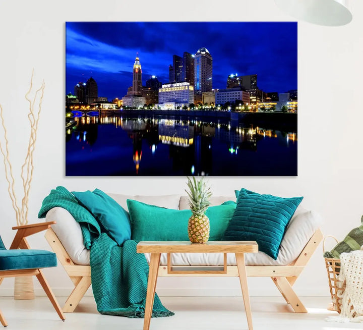 Columbus Night Blue Skyline City Lights Wall Art Cityscape Canvas Print