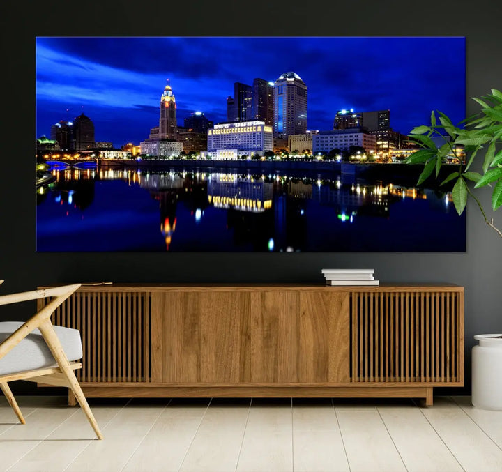 Columbus Night Blue Skyline City Lights Wall Art Cityscape Canvas Print