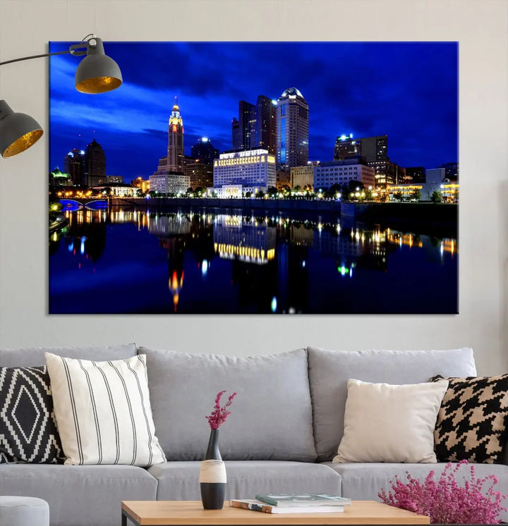 Columbus Night Blue Skyline City Lights Wall Art Cityscape Canvas Print