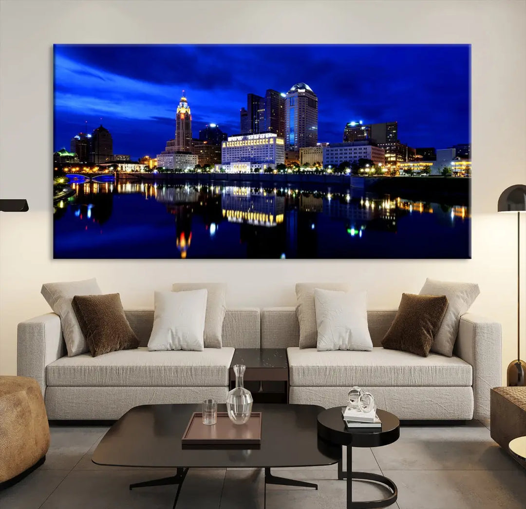 Columbus Night Blue Skyline City Lights Wall Art Cityscape Canvas Print