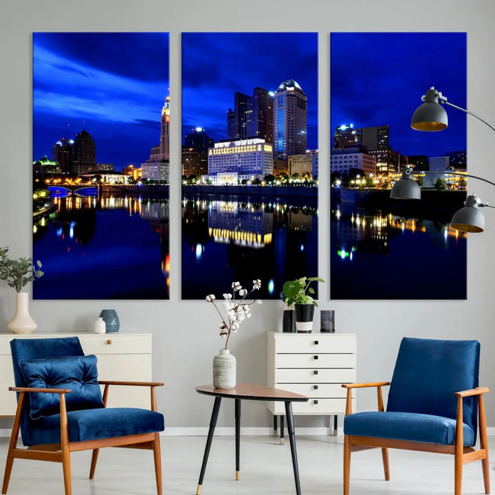 Columbus Night Blue Skyline City Lights Wall Art Cityscape Canvas Print