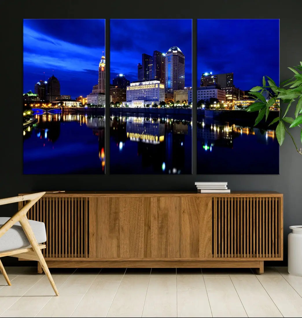 Columbus Night Blue Skyline City Lights Wall Art Cityscape Canvas Print