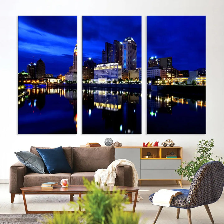 Columbus Night Blue Skyline City Lights Wall Art Cityscape Canvas Print