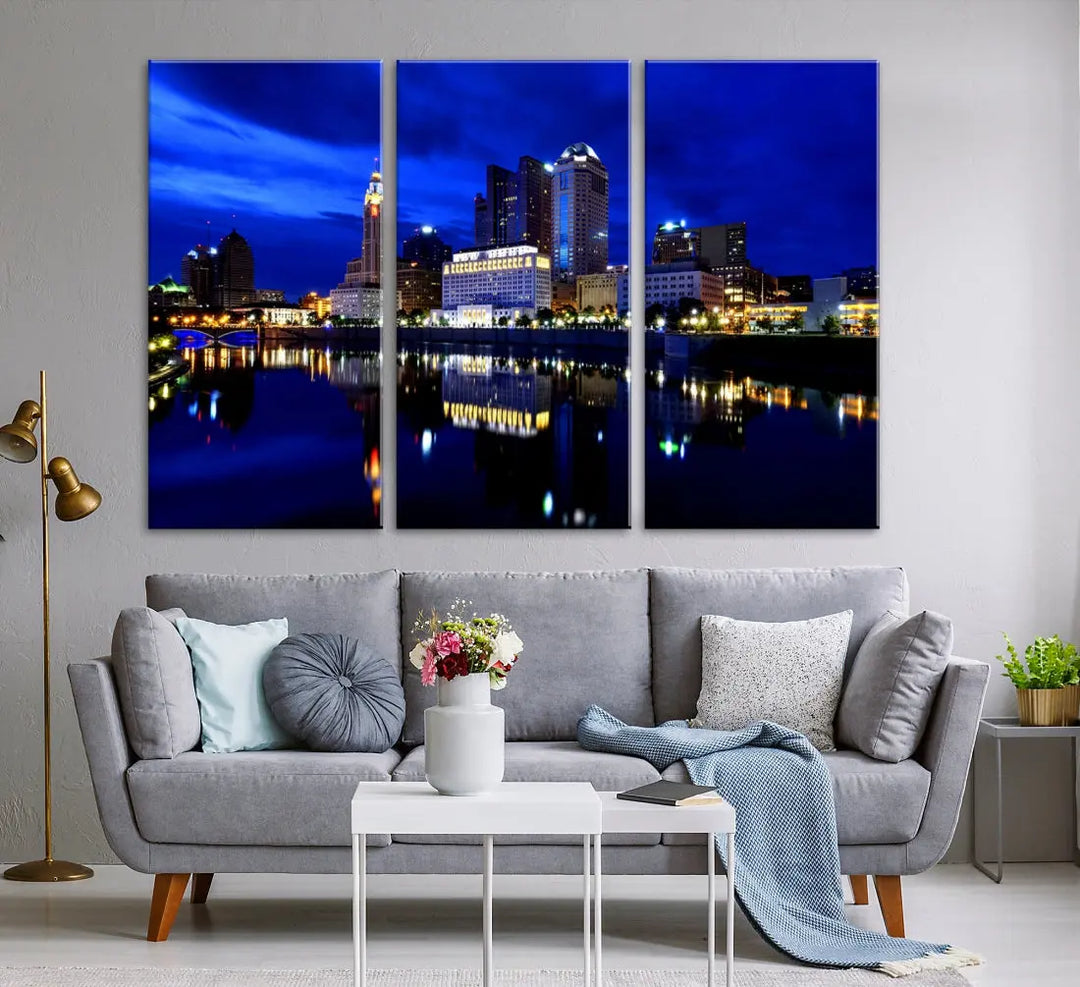 Columbus Night Blue Skyline City Lights Wall Art Cityscape Canvas Print