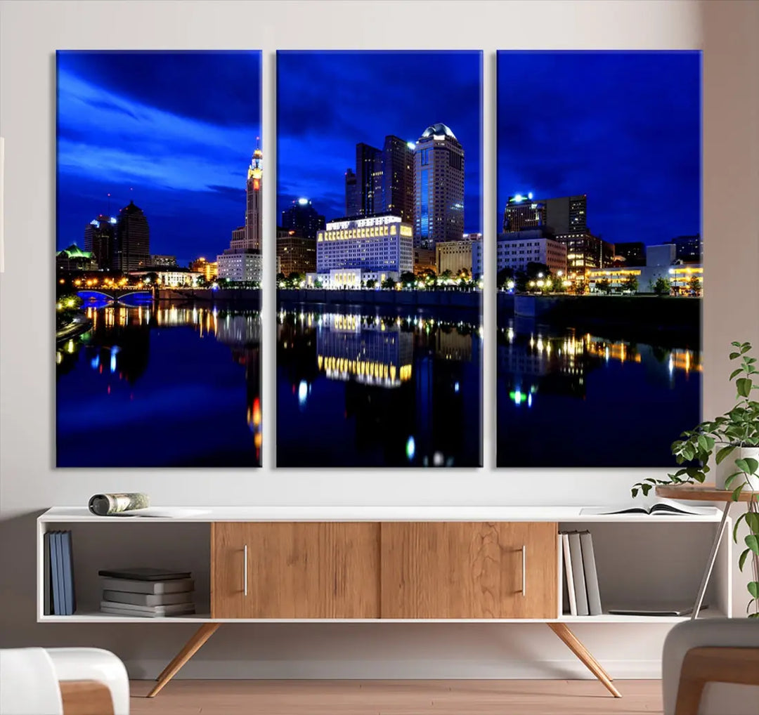 Columbus Night Blue Skyline City Lights Wall Art Cityscape Canvas Print