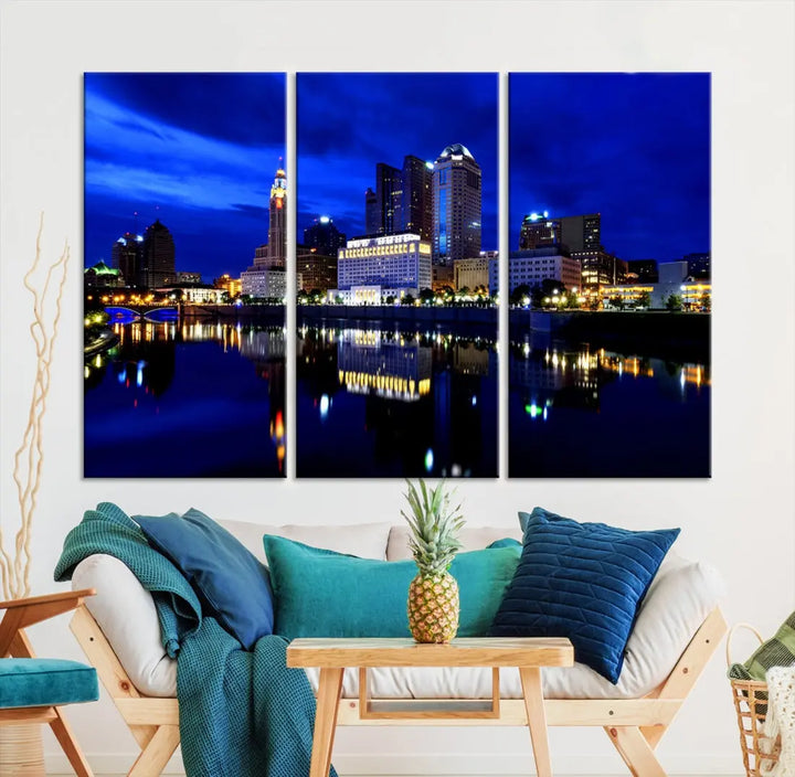 Columbus Night Blue Skyline City Lights Wall Art Cityscape Canvas Print