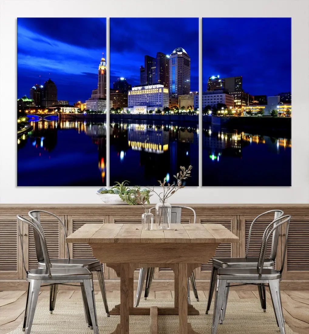 Columbus Night Blue Skyline City Lights Wall Art Cityscape Canvas Print