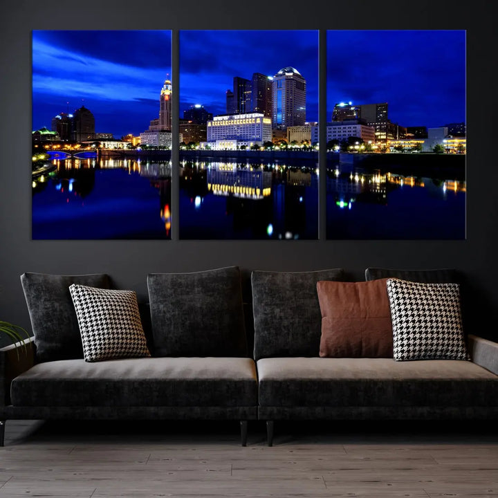 Columbus Night Blue Skyline City Lights Wall Art Cityscape Canvas Print