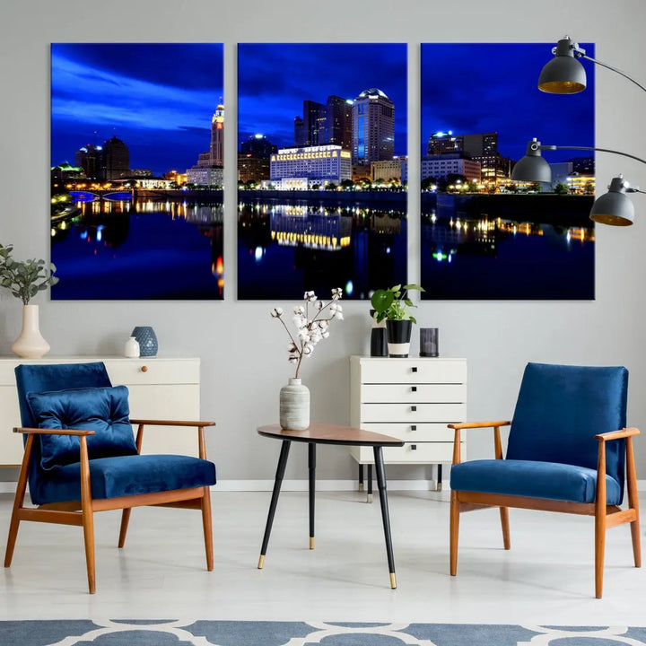 Columbus Night Blue Skyline City Lights Wall Art Cityscape Canvas Print