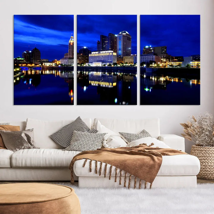 Columbus Night Blue Skyline City Lights Wall Art Cityscape Canvas Print