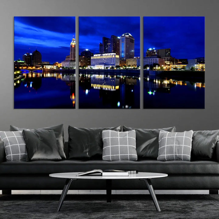 Columbus Night Blue Skyline City Lights Wall Art Cityscape Canvas Print