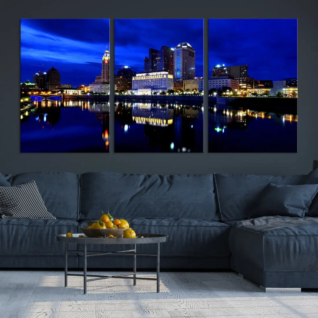 Columbus Night Blue Skyline City Lights Wall Art Cityscape Canvas Print