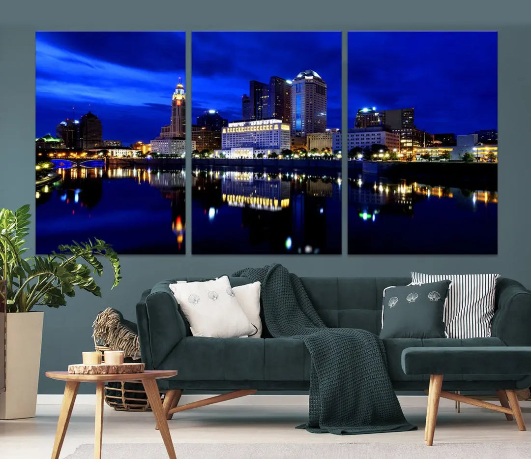 Columbus Night Blue Skyline City Lights Wall Art Cityscape Canvas Print