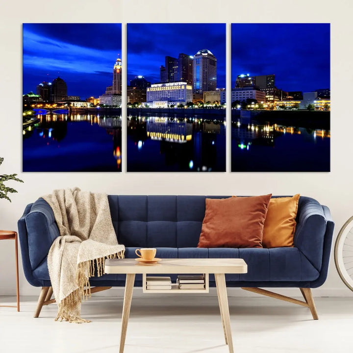 Columbus Night Blue Skyline City Lights Wall Art Cityscape Canvas Print