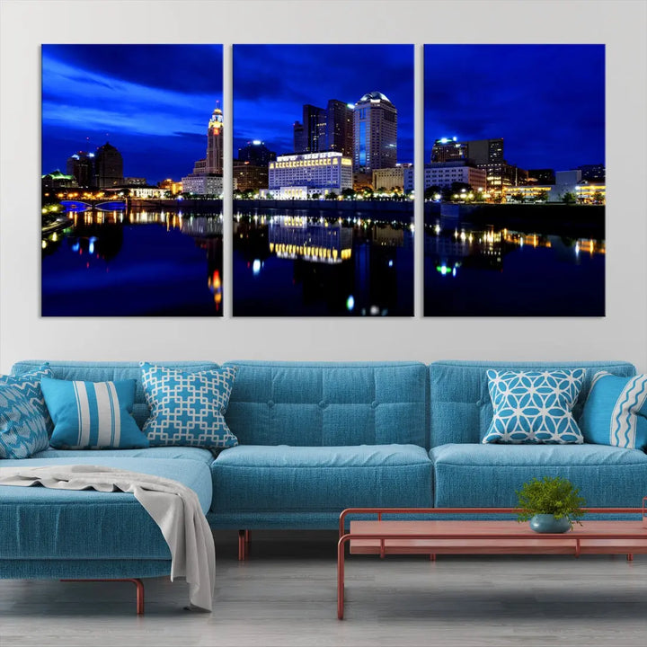 Columbus Night Blue Skyline City Lights Wall Art Cityscape Canvas Print