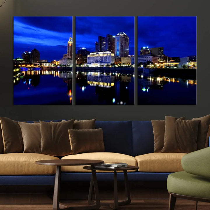 Columbus Night Blue Skyline City Lights Wall Art Cityscape Canvas Print