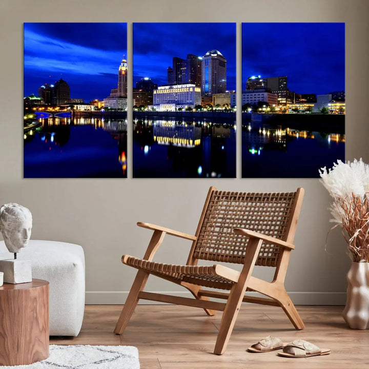 Columbus Night Blue Skyline City Lights Wall Art Cityscape Canvas Print