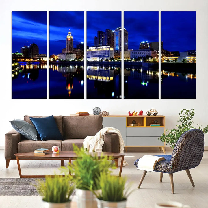 Columbus Night Blue Skyline City Lights Wall Art Cityscape Canvas Print