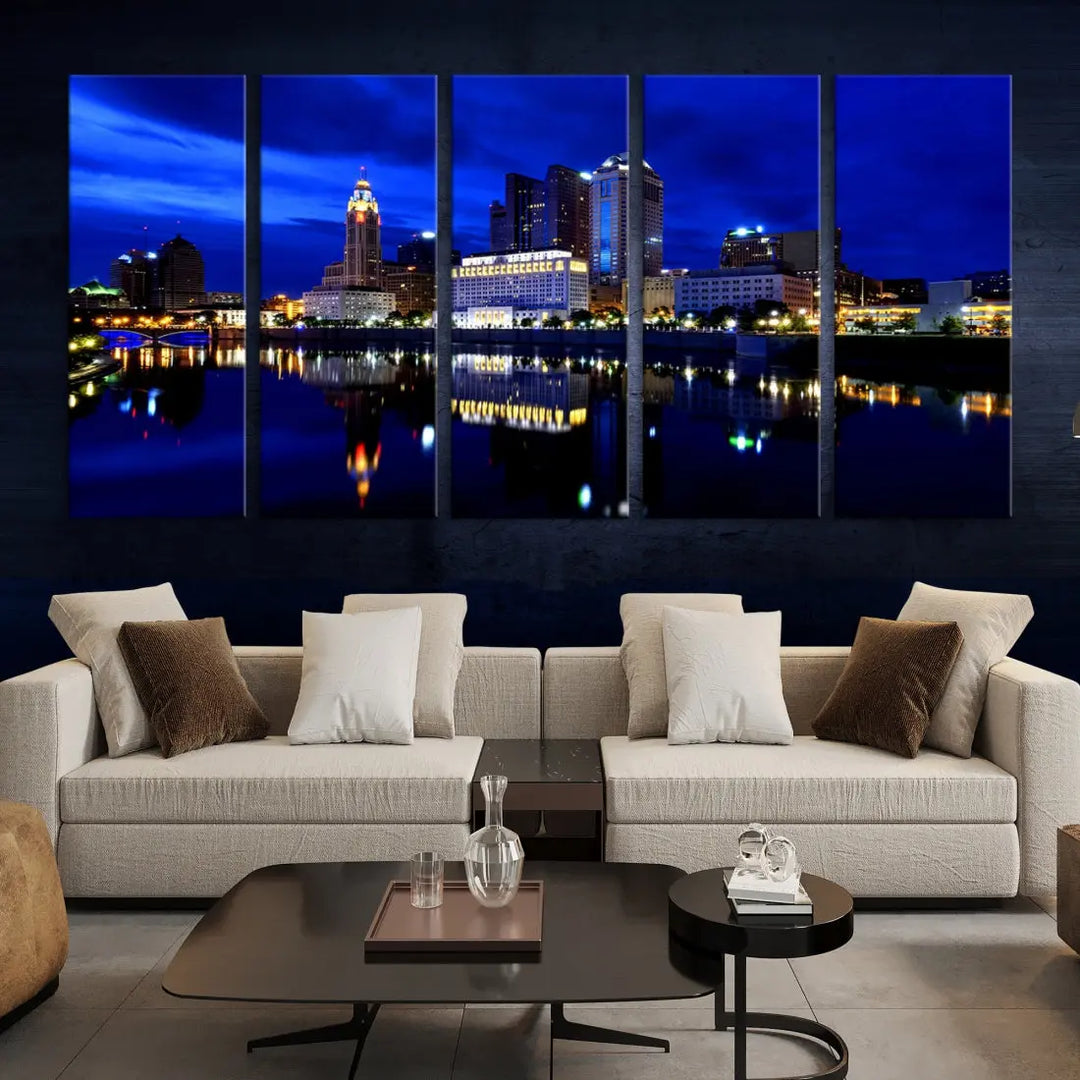 Columbus Night Blue Skyline City Lights Wall Art Cityscape Canvas Print