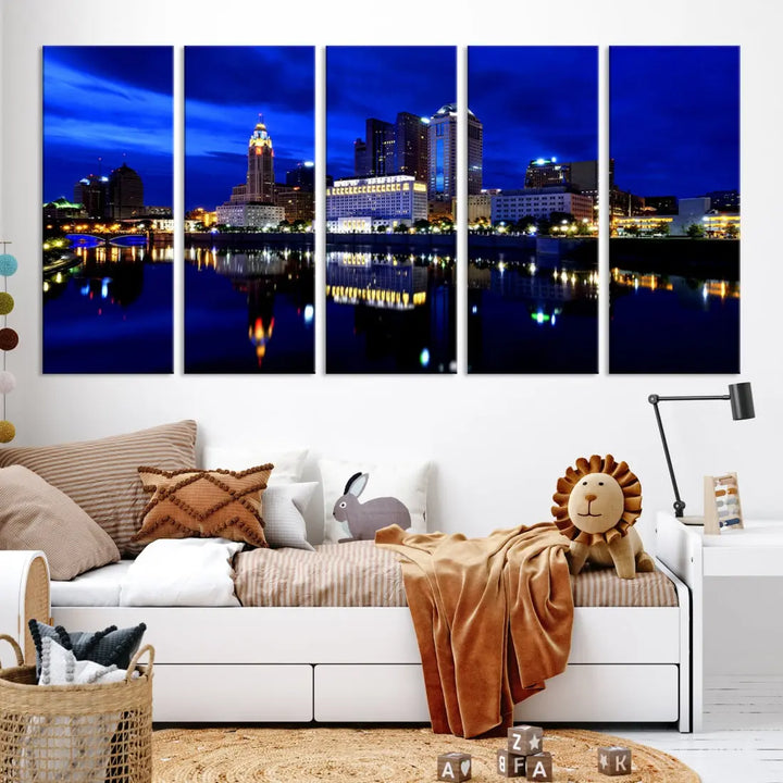 Columbus Night Blue Skyline City Lights Wall Art Cityscape Canvas Print