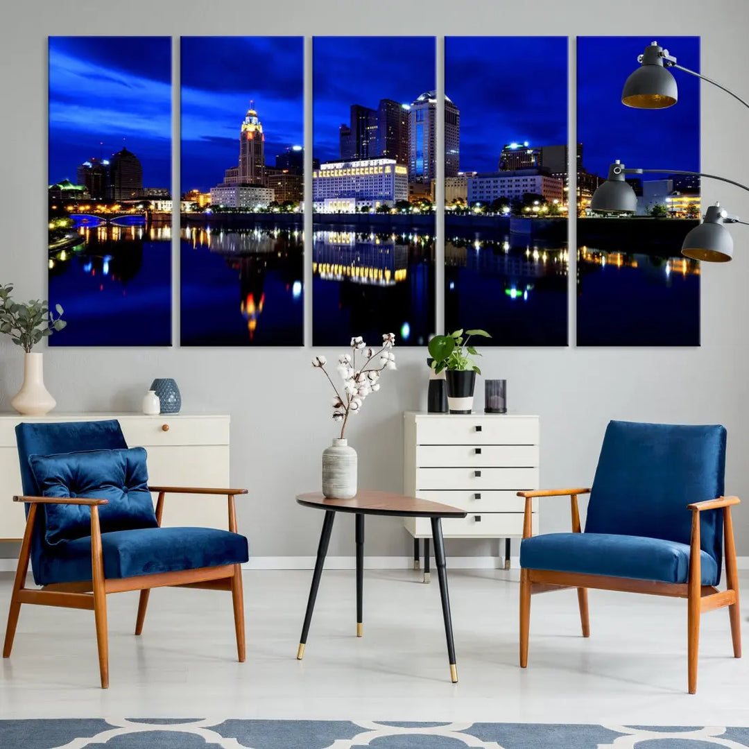 Columbus Night Blue Skyline City Lights Wall Art Cityscape Canvas Print