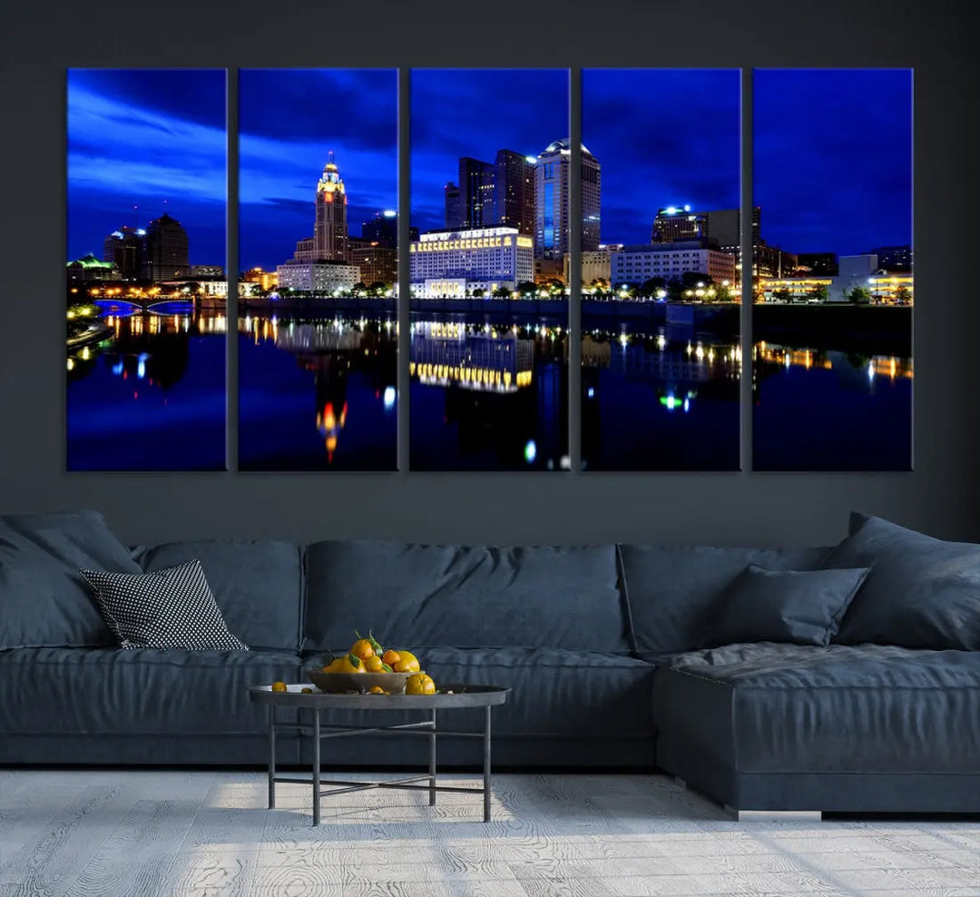 Columbus Night Blue Skyline City Lights Wall Art Cityscape Canvas Print