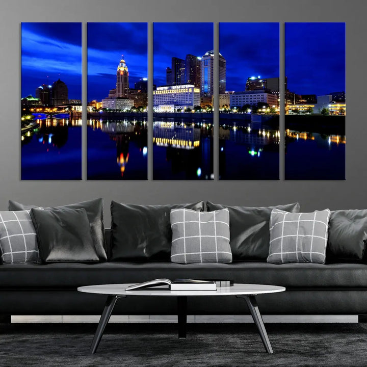 Columbus Night Blue Skyline City Lights Wall Art Cityscape Canvas Print