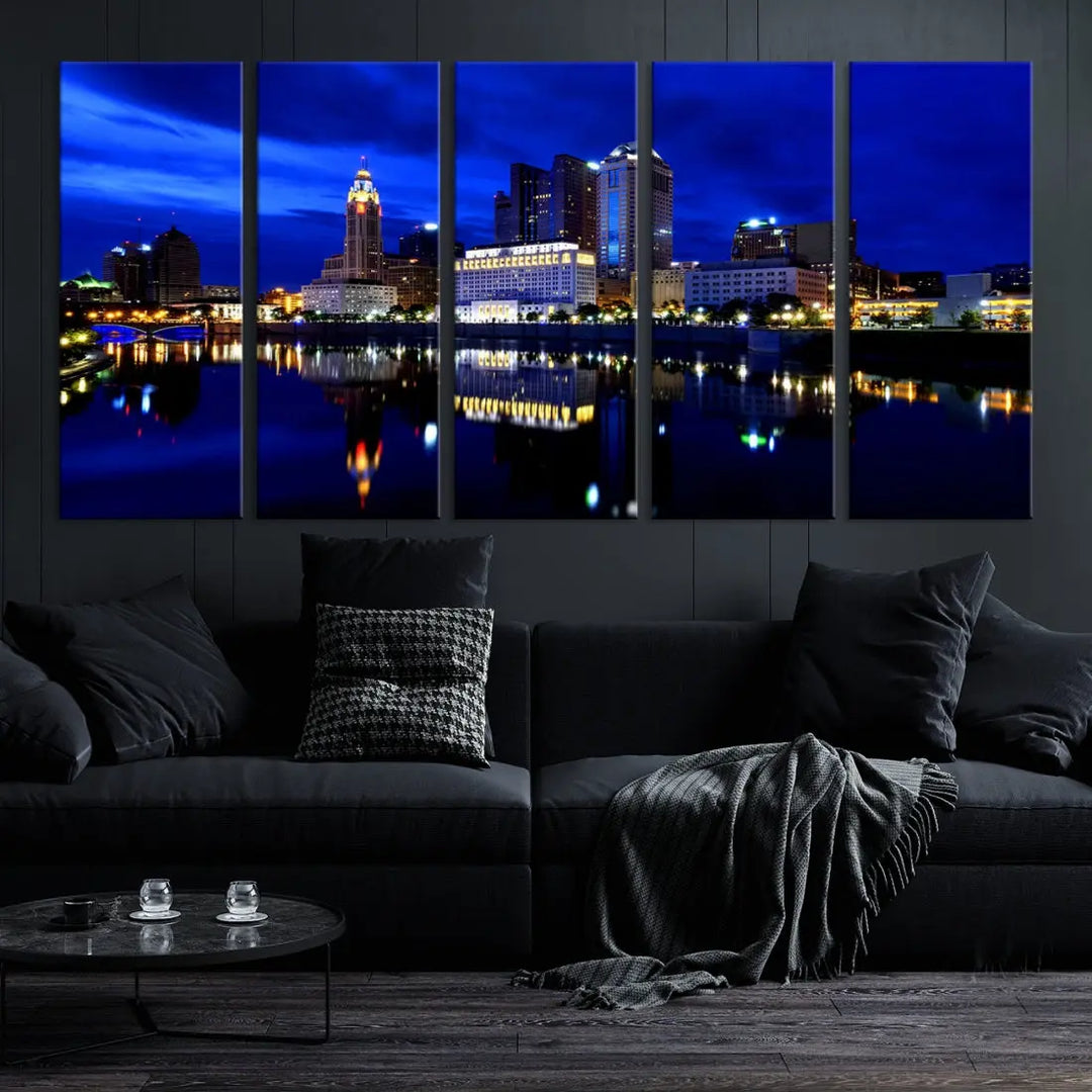 Columbus Night Blue Skyline City Lights Wall Art Cityscape Canvas Print