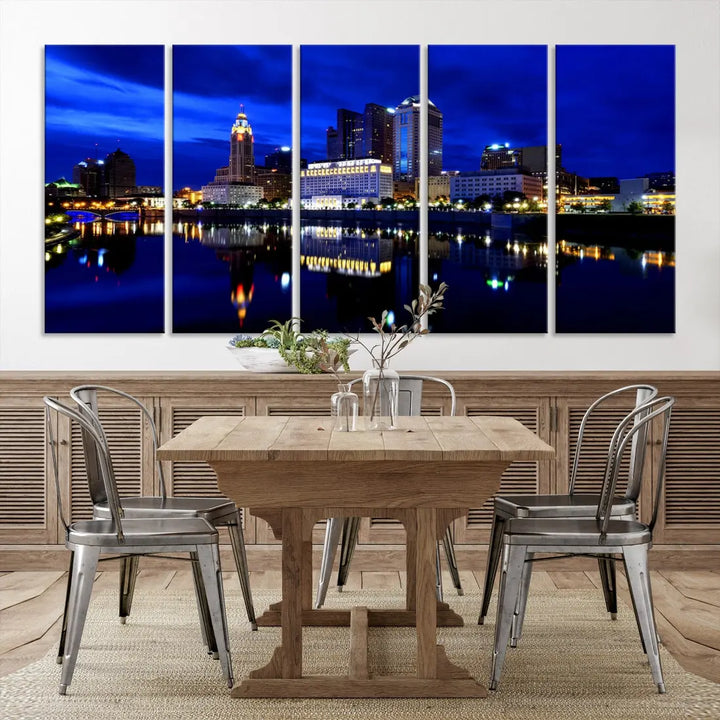 Columbus Night Blue Skyline City Lights Wall Art Cityscape Canvas Print