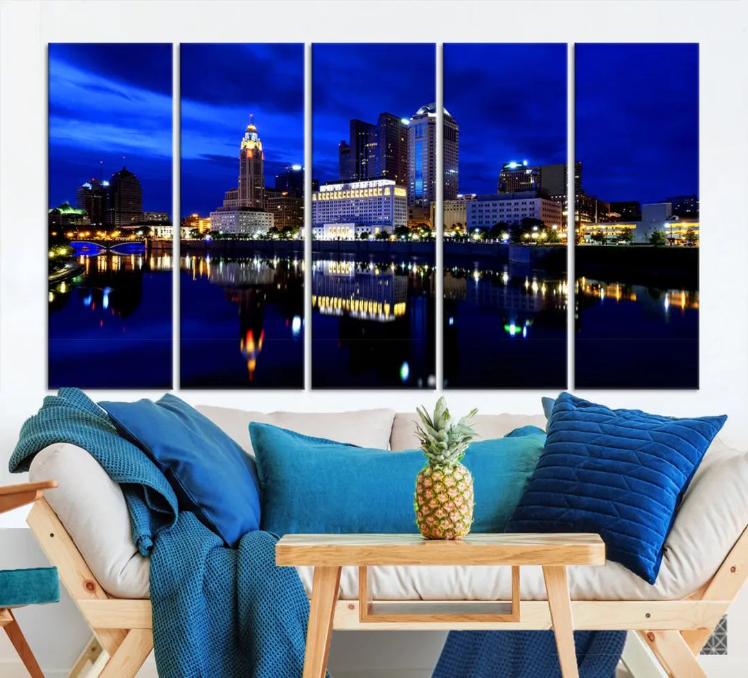 Columbus Night Blue Skyline City Lights Wall Art Cityscape Canvas Print