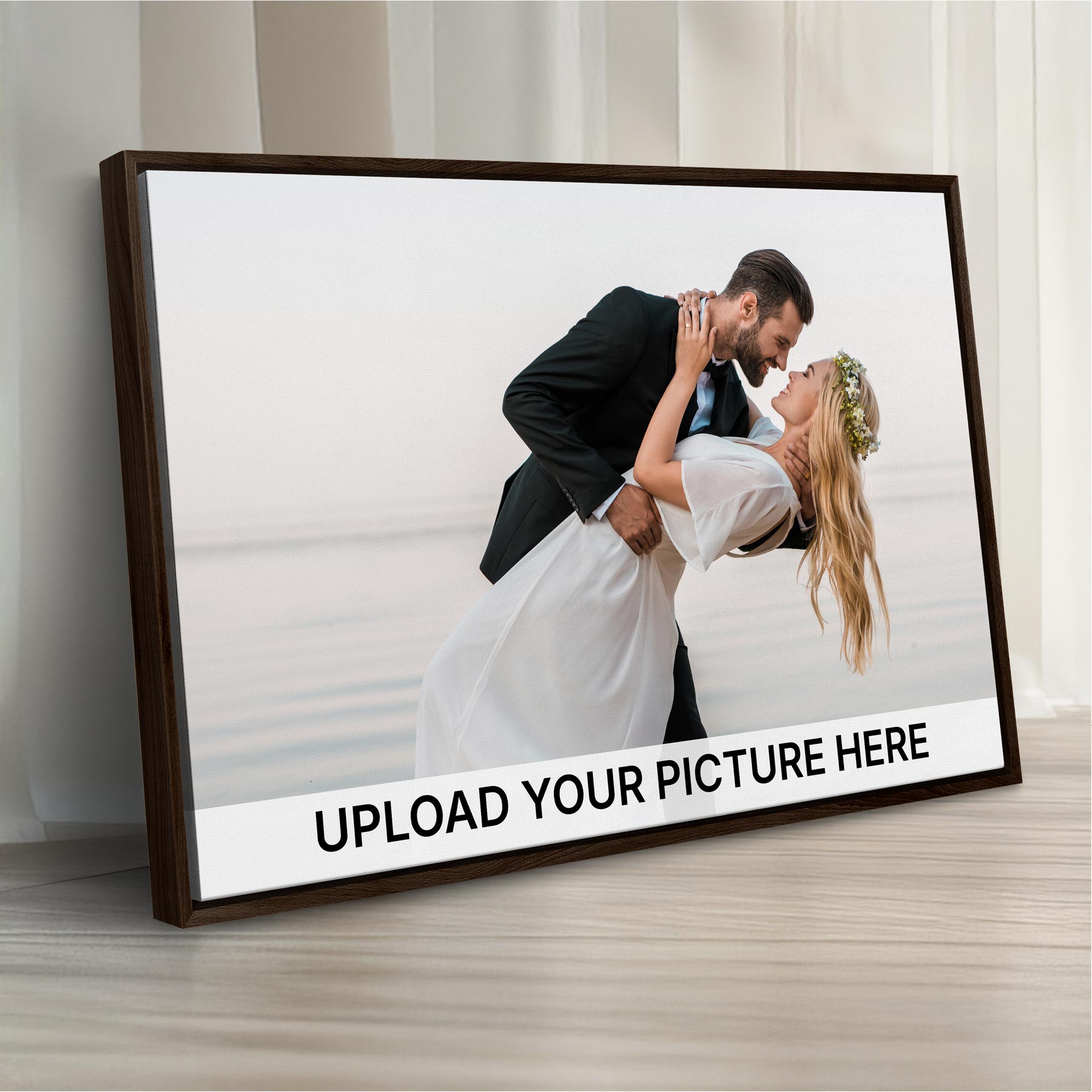Personalized canvas wall art with a custom floating wood frame, perfect for modern or transitional home décor and stylish gallery walls.