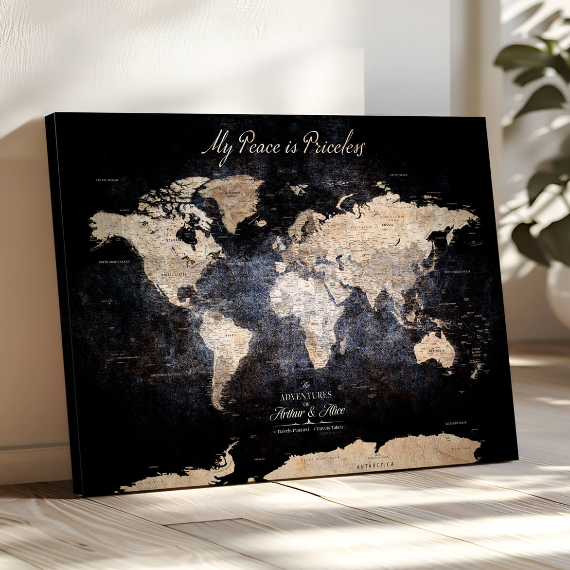 '-Personalized Canvas Wall Art Print – Custom World Map with Push Pins, Framed Travel Tracker Gift for Couples or Anniversaries - H37ORJ