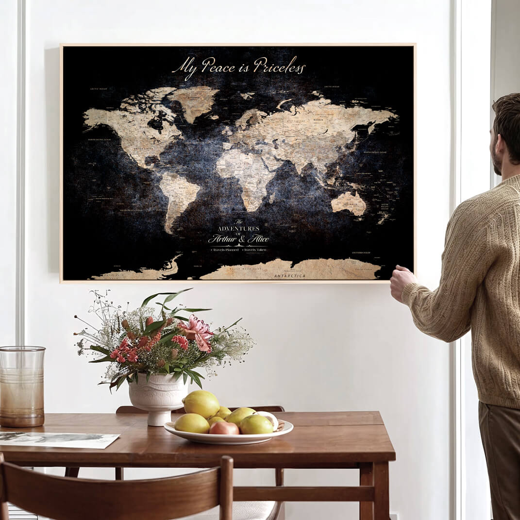 '-Personalized Canvas Wall Art Print – Custom World Map with Push Pins, Framed Travel Tracker Gift for Couples or Anniversaries - H37ORJ