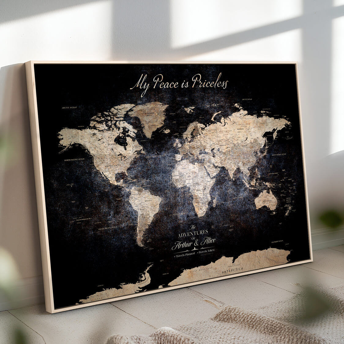 '-Personalized Canvas Wall Art Print – Custom World Map with Push Pins, Framed Travel Tracker Gift for Couples or Anniversaries - H37ORJ