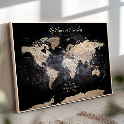 '-Personalized Canvas Wall Art Print – Custom World Map with Push Pins, Framed Travel Tracker Gift for Couples or Anniversaries - H37ORJ