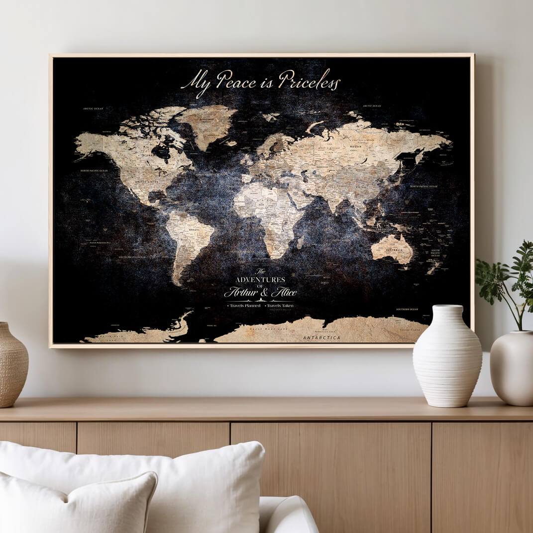 '-Personalized Canvas Wall Art Print – Custom World Map with Push Pins, Framed Travel Tracker Gift for Couples or Anniversaries - H37ORJ