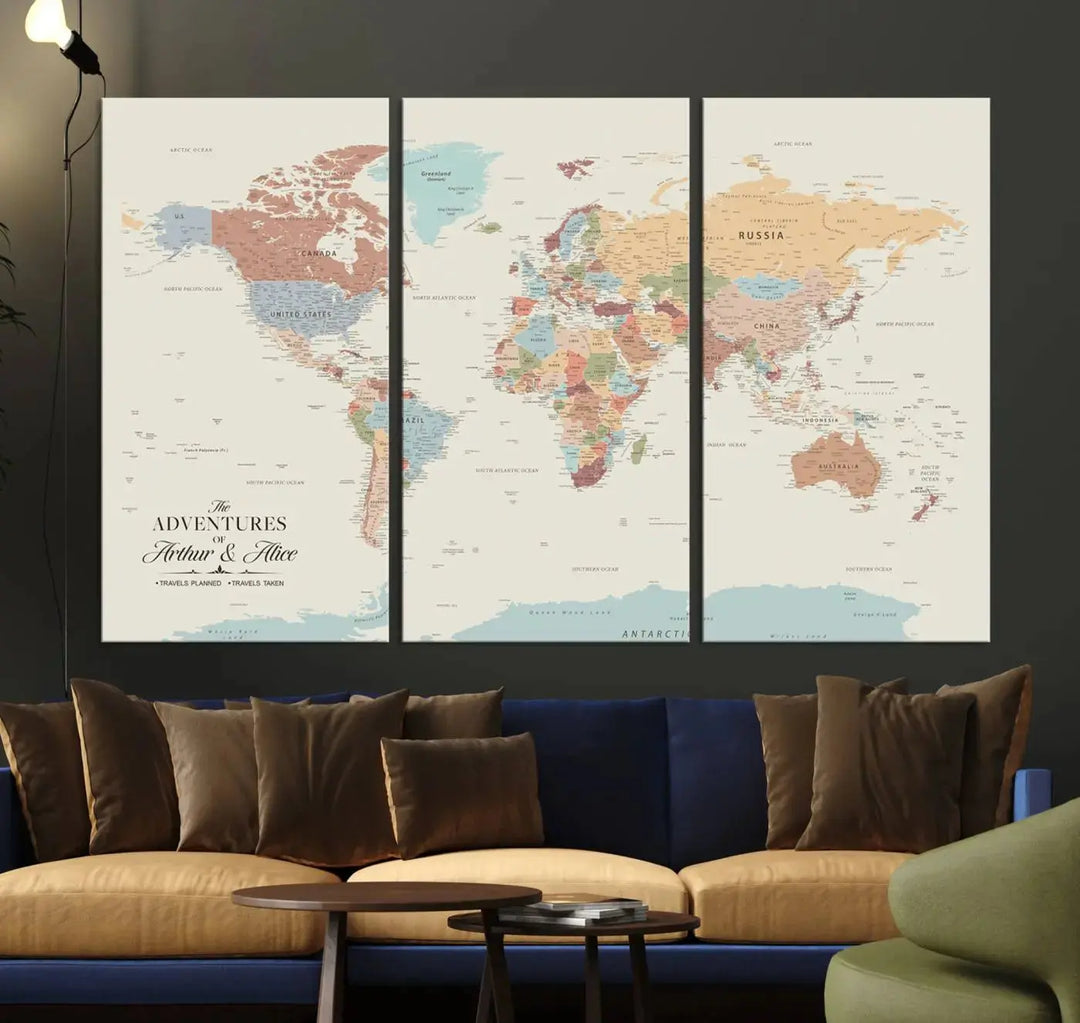 A large framed "Custom World Map Wall Art Canvas Print - Personalized World Map Wall Art, Customize Wall Art Map Print" is displayed against a wooden wall.