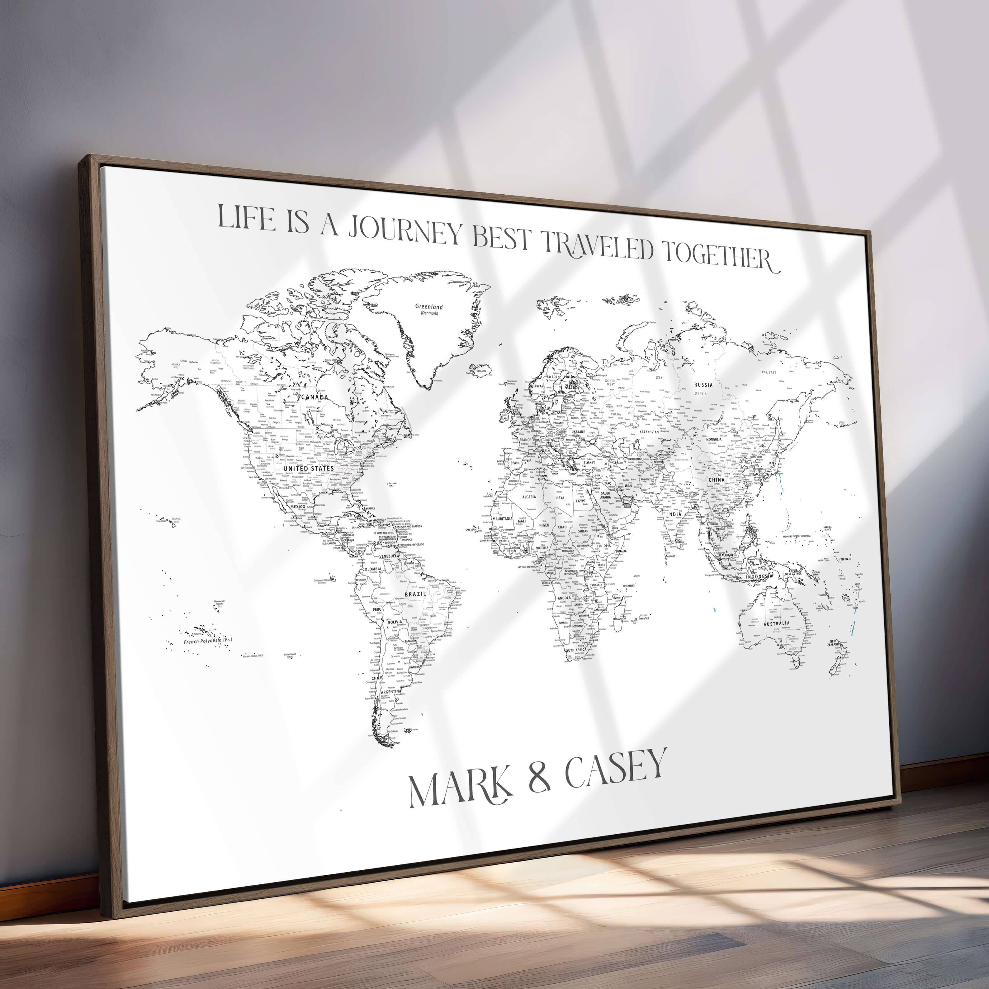 '-Framed Personalized World Map Canvas Custom Push Pin Travel Tracker Gift - H42