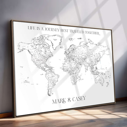 '-Framed Personalized World Map Canvas Custom Push Pin Travel Tracker Gift - H42