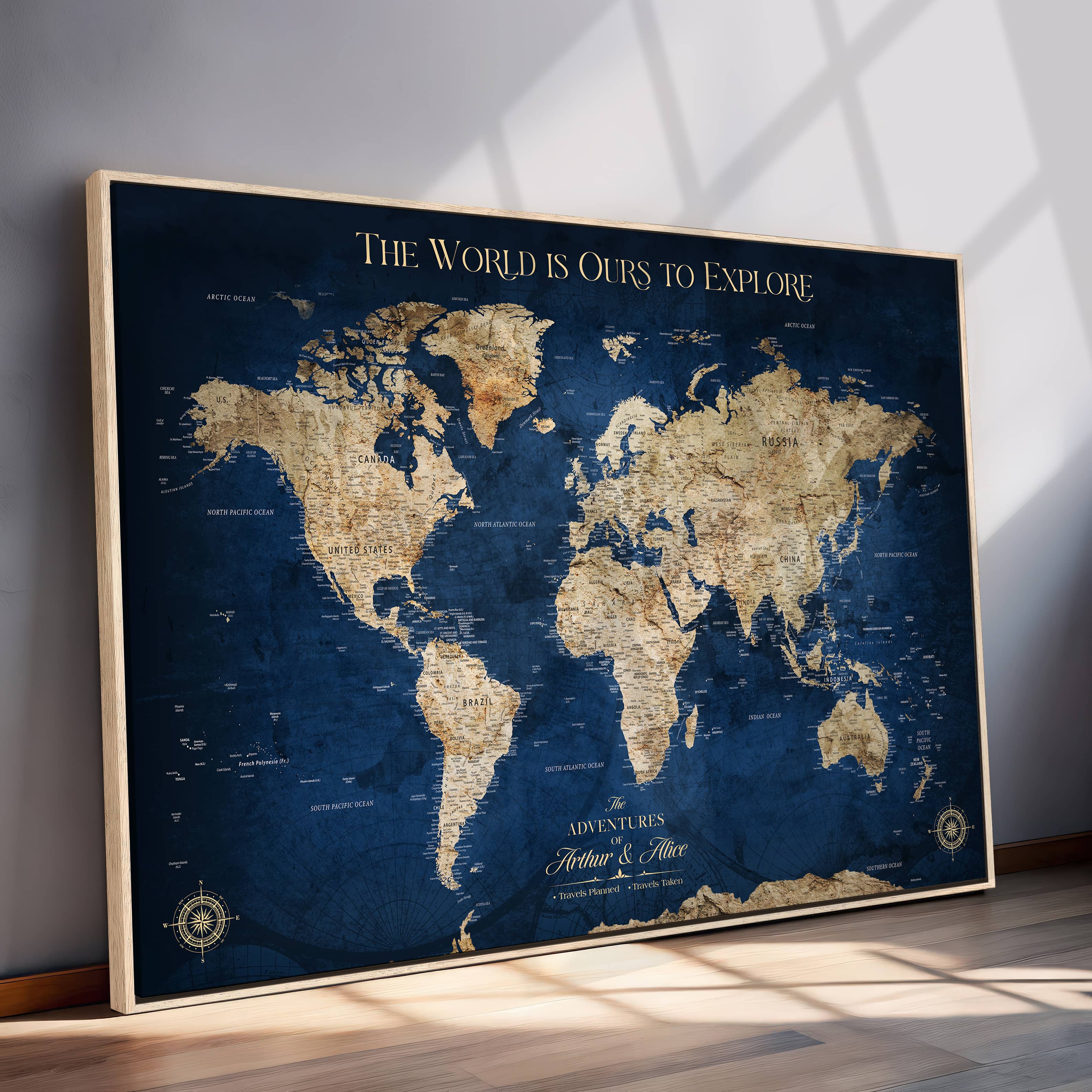 H2-Detailed-Custom Push Pin World Map Personalized Travel Tracker Canvas Gift Framed Anniversary Decor for Couples or Family Adventures - H2-1