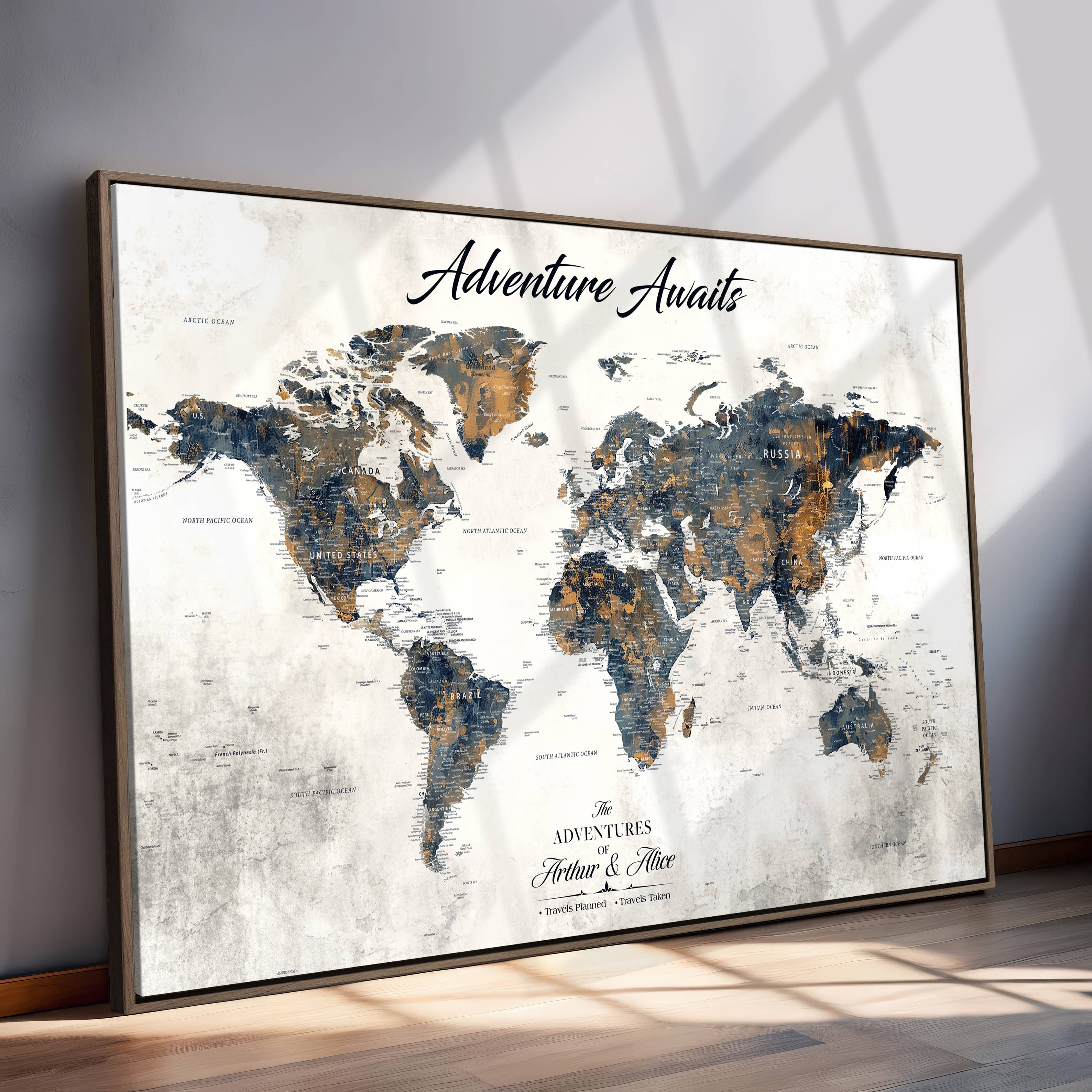 '-Personalized Push Pin World Map Wall Art, Customize Map Canvas Print, Adventure Black White Travel Decor for Couples for Anniversaries - H7