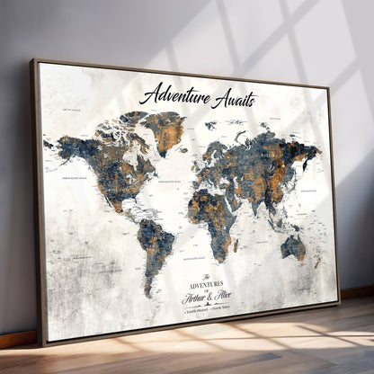 '-Personalized Push Pin World Map Wall Art, Customize Map Canvas Print, Adventure Black White Travel Decor for Couples for Anniversaries - H7