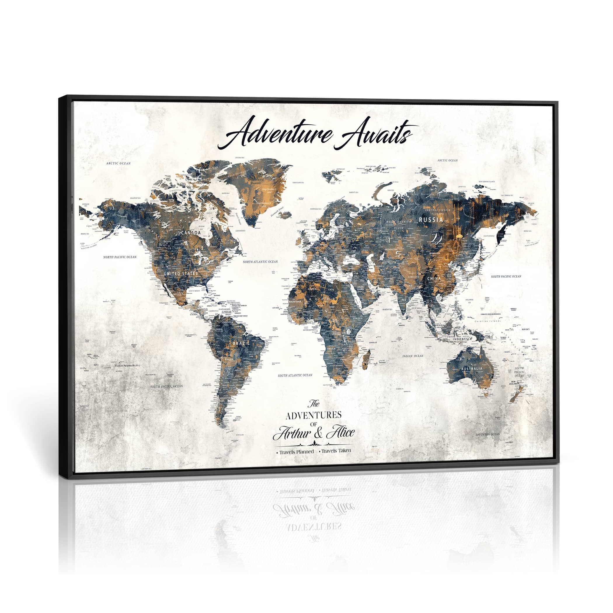 '-Personalized Push Pin World Map Wall Art, Customize Map Canvas Print, Adventure Black White Travel Decor for Couples for Anniversaries - H7