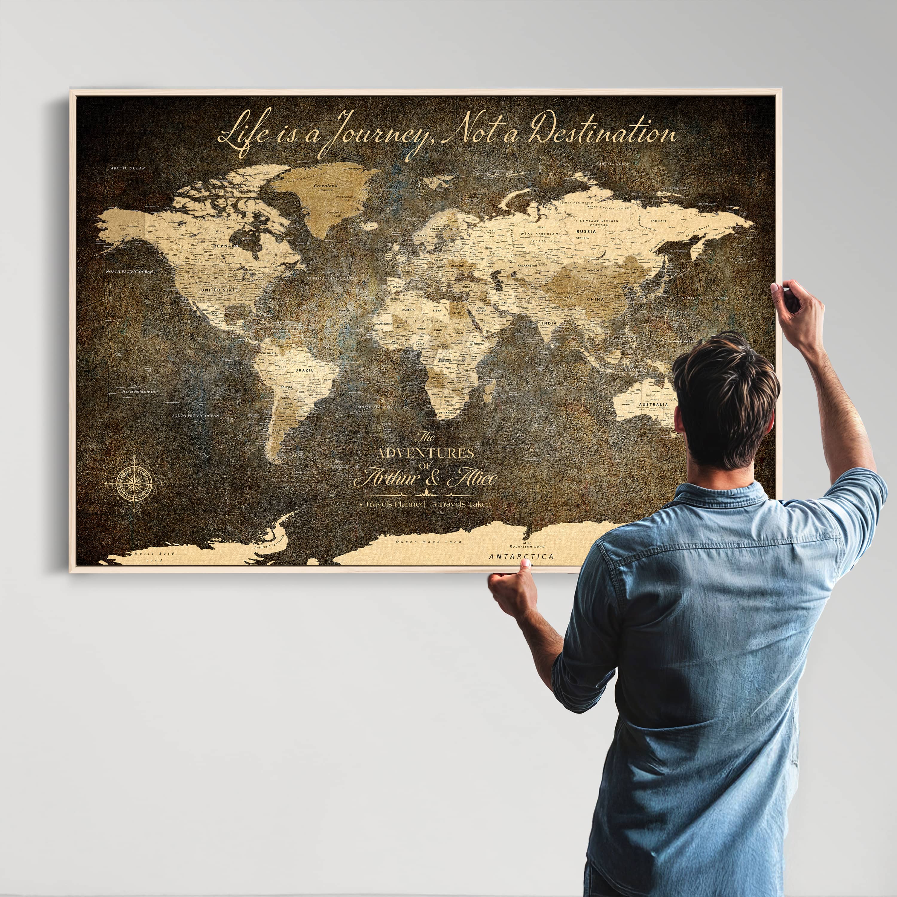 '-Personalized Push Pin World Map – Custom Framed Canvas Wall Art for Travel Memories, Couples, Anniversaries, and Adventure Gifts - H1