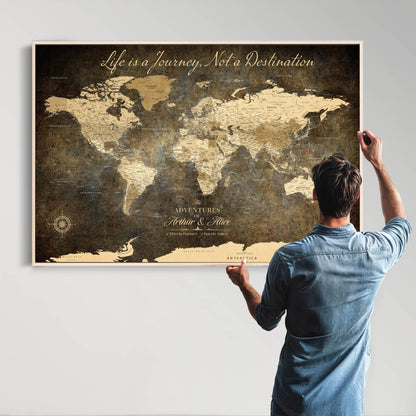 '-Personalized Push Pin World Map – Custom Framed Canvas Wall Art for Travel Memories, Couples, Anniversaries, and Adventure Gifts - H1