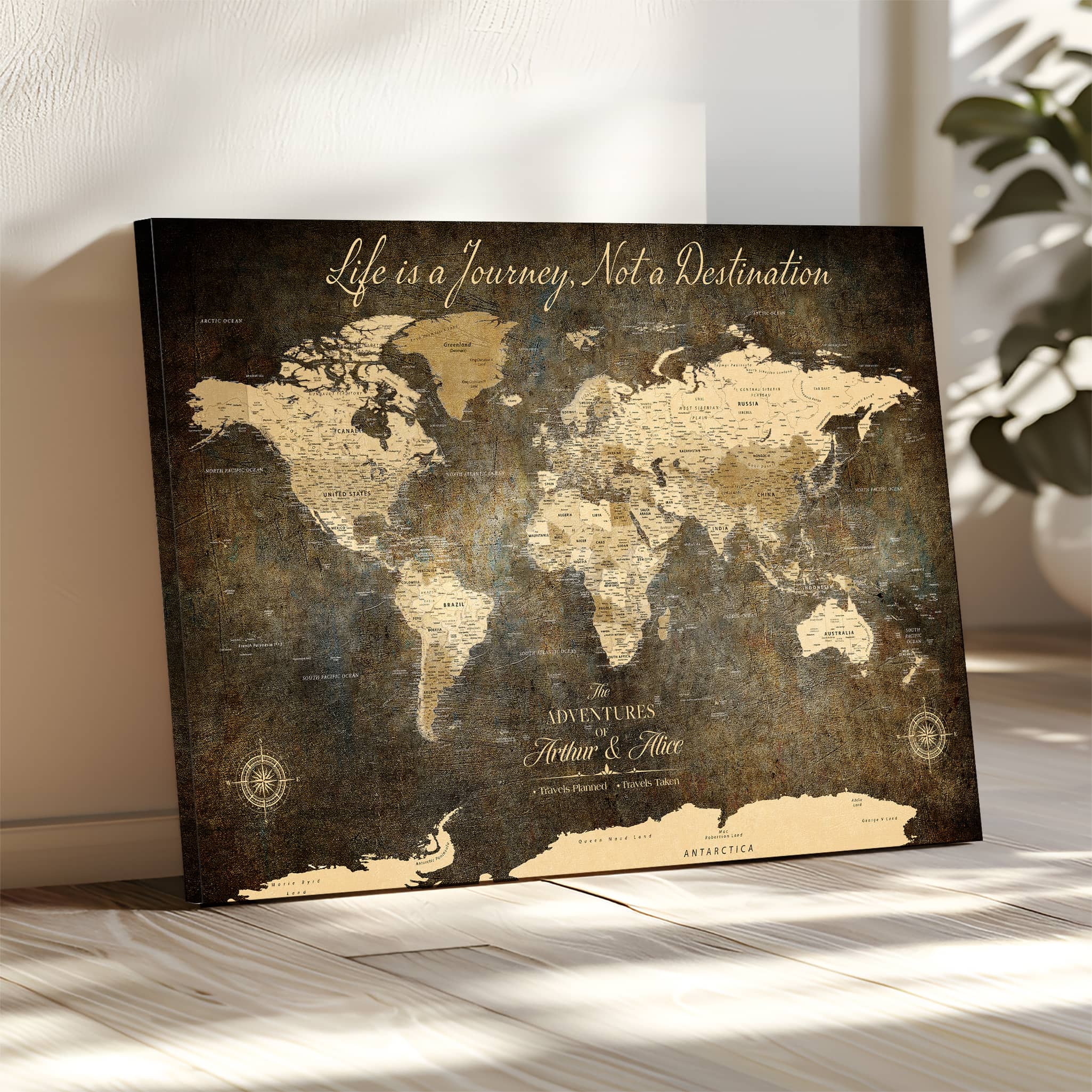 '-Personalized Push Pin World Map – Custom Framed Canvas Wall Art for Travel Memories, Couples, Anniversaries, and Adventure Gifts - H1